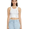 MSGM Canotta Crop In Cotone Con Dettagli Gioiello Applicati White New