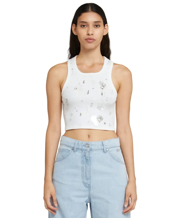 MSGM Canotta Crop In Cotone Con Dettagli Gioiello Applicati White New