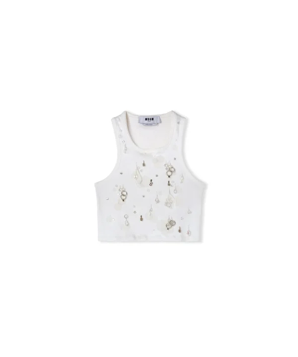 MSGM Canotta Crop In Cotone Con Dettagli Gioiello Applicati White New