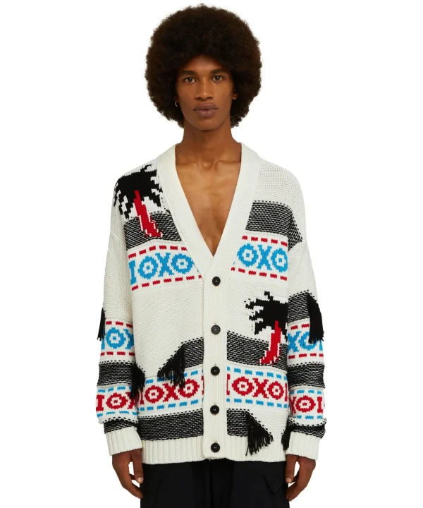 MSGM Cardigan In Cotone Jacquard Con Motivo Ad Intarsio "Palms Ikat" Cream Outlet