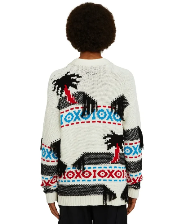 MSGM Cardigan In Cotone Jacquard Con Motivo Ad Intarsio "Palms Ikat" Cream Discount