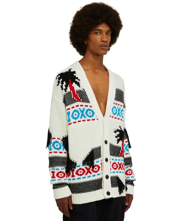 MSGM Cardigan In Cotone Jacquard Con Motivo Ad Intarsio "Palms Ikat" Cream Outlet