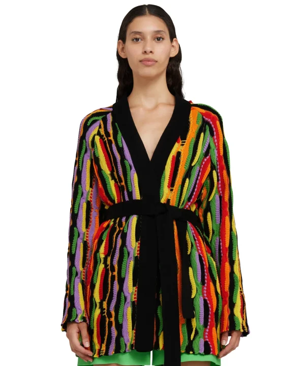 MSGM Cardigan In Maglia Di Cotone Con Rouches Multicolor Black Cheap