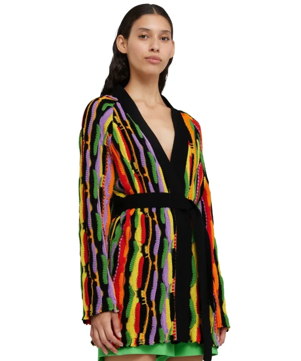 MSGM Cardigan In Maglia Di Cotone Con Rouches Multicolor Black Cheap