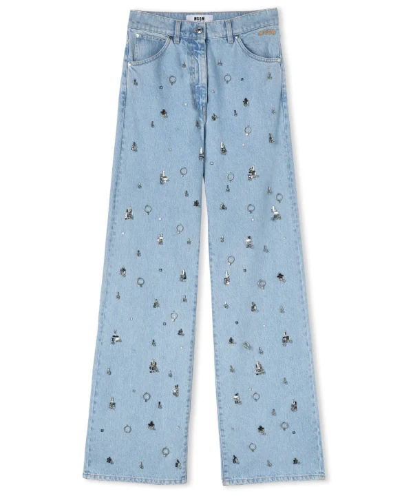 MSGM Denim Taglio Straight Con Dettagli Gioiello Applicati Blue Sale
