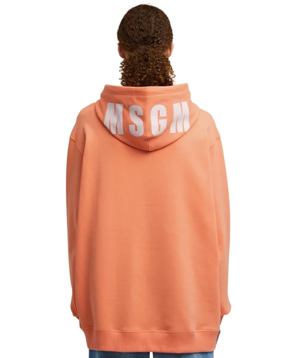 MSGM Felpa Con Cappuccio In Cotone Tinta Unita Con Logo Orange New