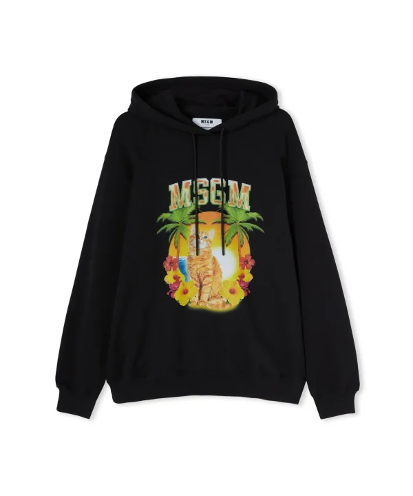 MSGM Felpa Con Cappuccio In Cotone Con Grafica "College Cat" Black Shop