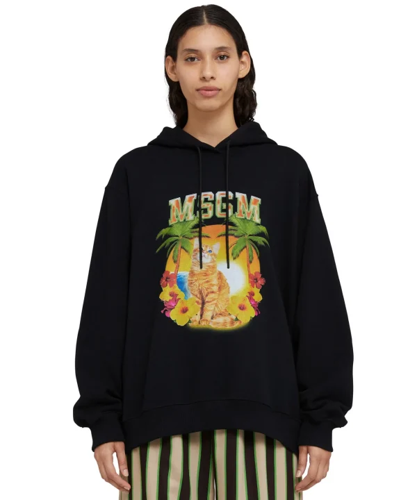 MSGM Felpa Con Cappuccio In Cotone Con Grafica "College Cat" Black Shop