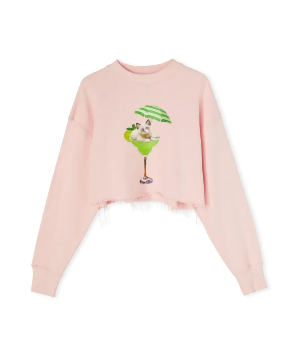 MSGM Felpa Crop Girocollo In Cotone Con Grafica "Cocktail Cat" Baby Pink Store