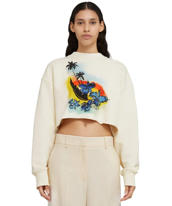 MSGM Felpa Crop Girocollo In Cotone Tinta Unita Con Grafica " Sunset" Cream Clearance