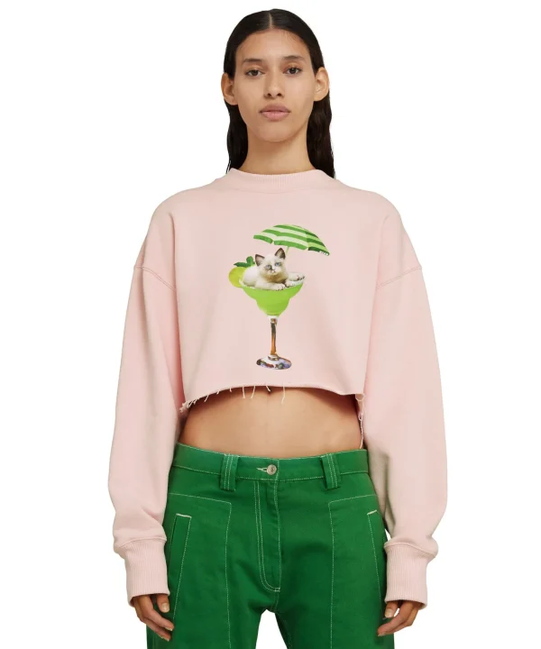 MSGM Felpa Crop Girocollo In Cotone Con Grafica "Cocktail Cat" Baby Pink Store