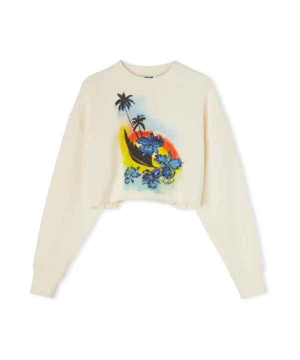 MSGM Felpa Crop Girocollo In Cotone Tinta Unita Con Grafica " Sunset" Cream Clearance