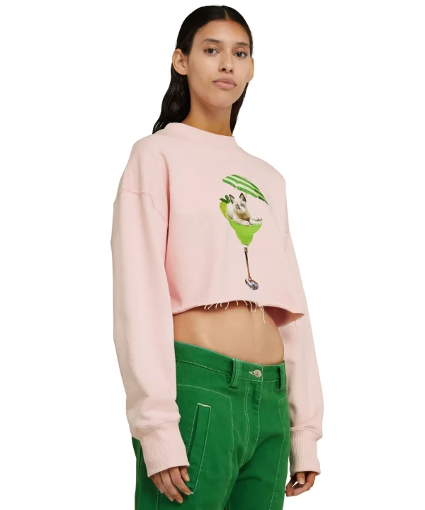 MSGM Felpa Crop Girocollo In Cotone Con Grafica "Cocktail Cat" Baby Pink Store