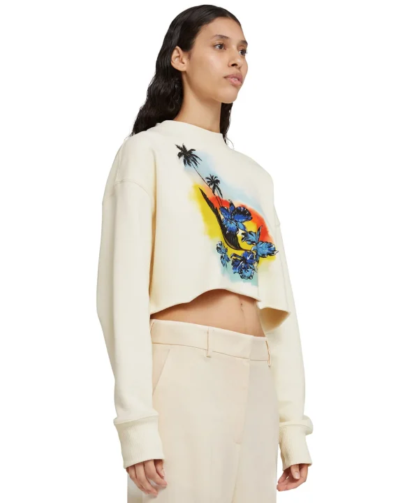 MSGM Felpa Crop Girocollo In Cotone Tinta Unita Con Grafica " Sunset" Cream Clearance