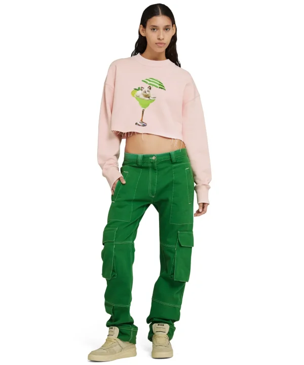 MSGM Felpa Crop Girocollo In Cotone Con Grafica "Cocktail Cat" Baby Pink Store