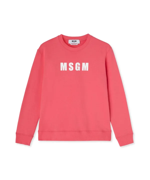 MSGM Felpa Girocollo In Cotone Tinta Unita Con Logo Fucsia Flash Sale