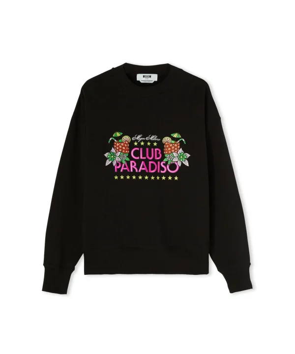 MSGM Felpa Girocollo In Cotone Tinta Unita Con Grafica "Club Paradiso" Black Hot