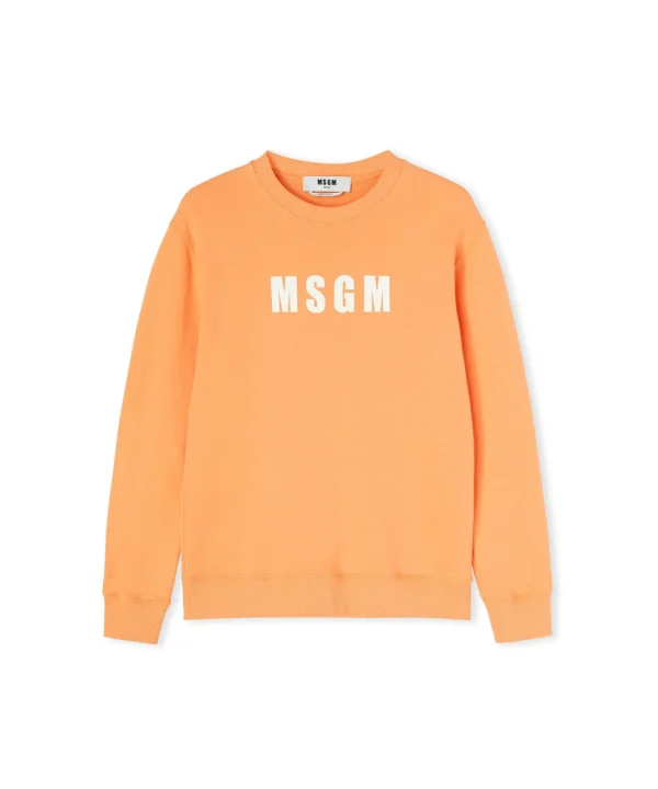 MSGM Felpa Girocollo In Cotone Tinta Unita Con Logo Orange New