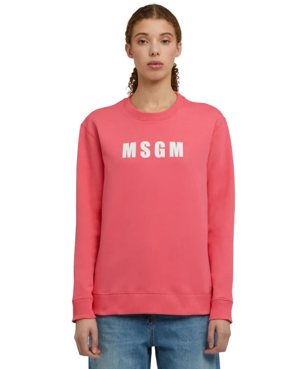 MSGM Felpa Girocollo In Cotone Tinta Unita Con Logo Fucsia Flash Sale