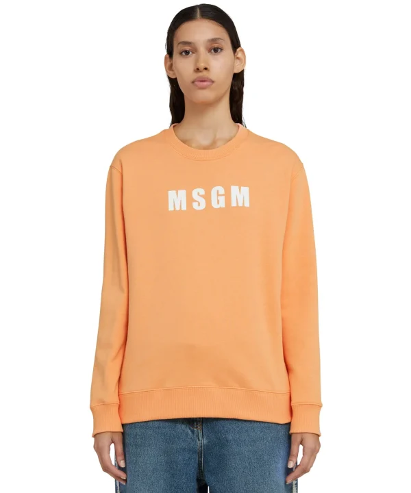 MSGM Felpa Girocollo In Cotone Tinta Unita Con Logo Orange New