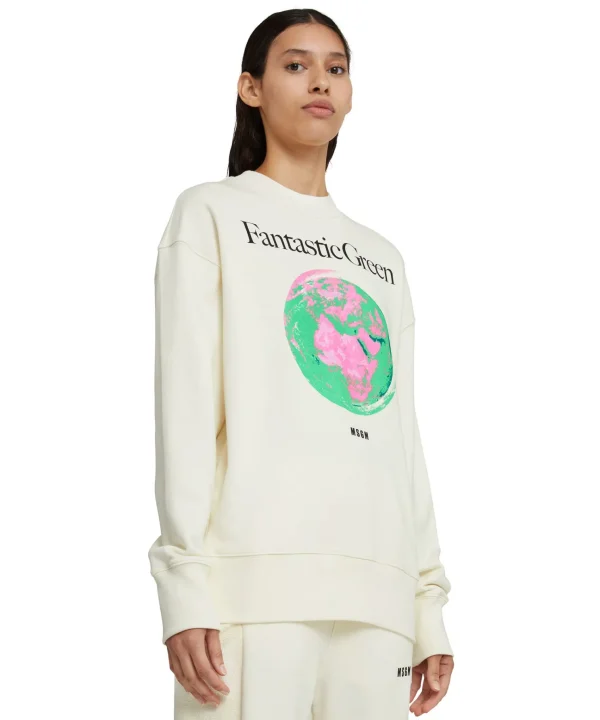 MSGM Felpa Girocollo In Cotone Organico Della Capsule Fantastic Green Cream Clearance