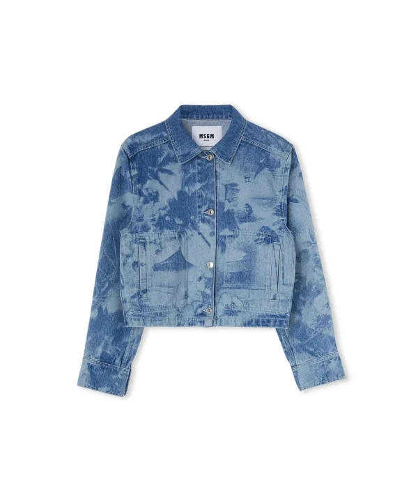 MSGM Giacca Crop In Denim Con Lavorazione "Surfer" A Laser Blue Discount