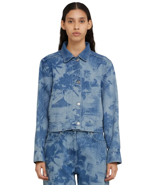 MSGM Giacca Crop In Denim Con Lavorazione "Surfer" A Laser Blue Discount