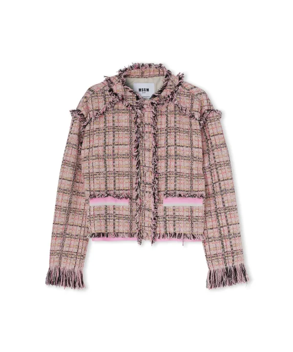 MSGM Giacca Crop In Tweed Con Collo Rotondo Pink Cheap