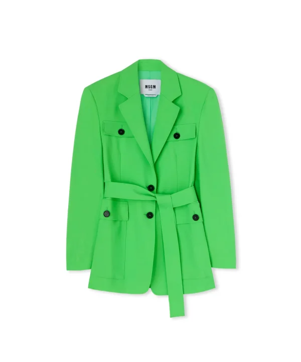 MSGM Giacca Sahariana In Fresco Lana Green Best Sale