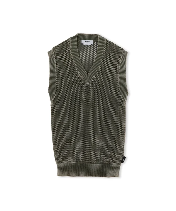 MSGM Giletin In Maglia Di Cotone Overdyed Con Lavorazione A Rete Military Green Store