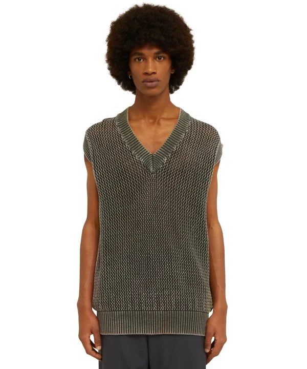 MSGM Giletin In Maglia Di Cotone Overdyed Con Lavorazione A Rete Military Green Store