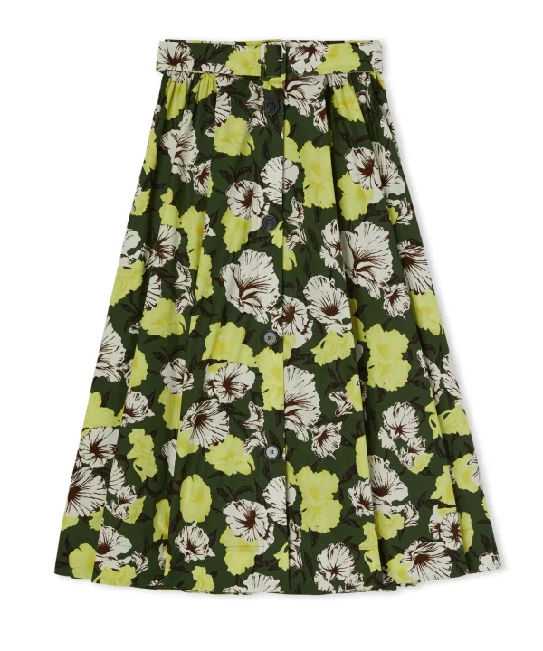 MSGM Gonna Midi A Ruota In Cotone Popeline Con Fantasia "Camo Hibiscus" Military Green Cheap