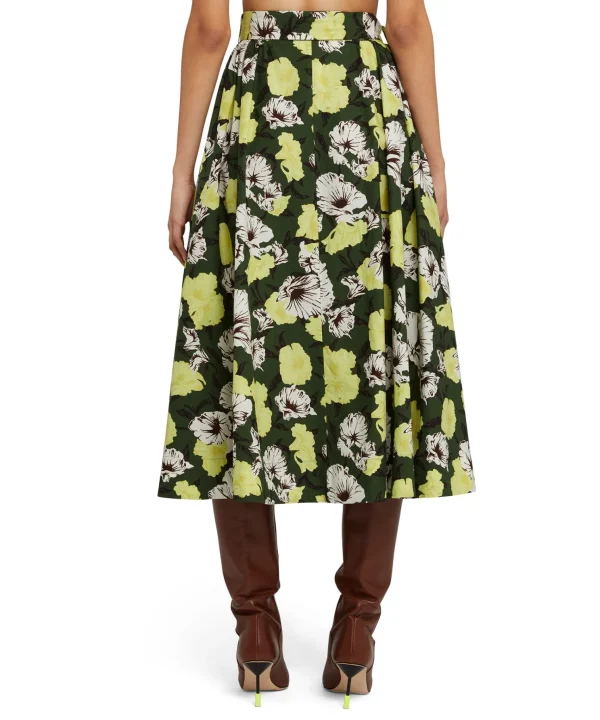 MSGM Gonna Midi A Ruota In Cotone Popeline Con Fantasia "Camo Hibiscus" Military Green Cheap