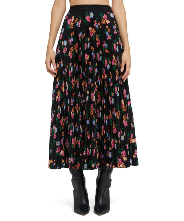 MSGM Gonna Midi Plisse Con Stampa "Fresh Bouquet Techno" Black Hot