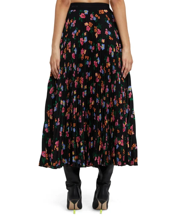 MSGM Gonna Midi Plisse Con Stampa "Fresh Bouquet Techno" Black Hot