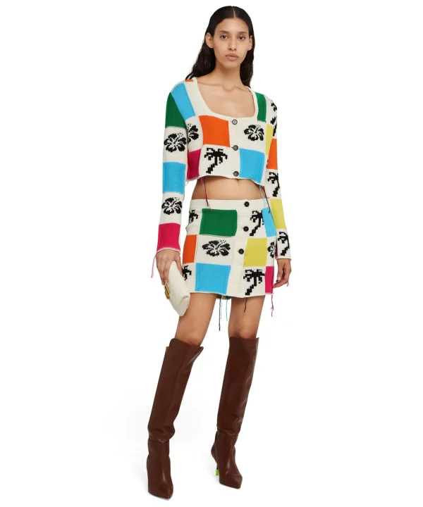 MSGM Gonna Mini In Maglia Patchwork Con Intarsi Di Hibiscus E Palme Grey Best Sale