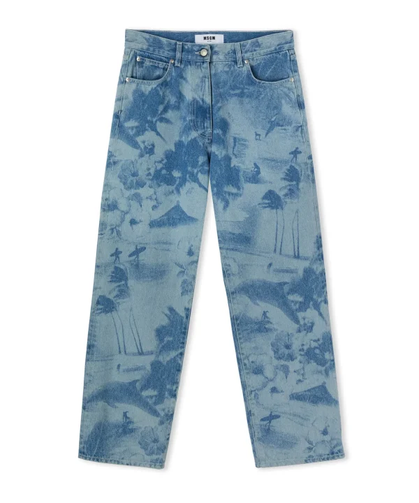 MSGM Jeans A Gamba Dritta Con Lavorazione "Surfer" A Laser Blue Sale