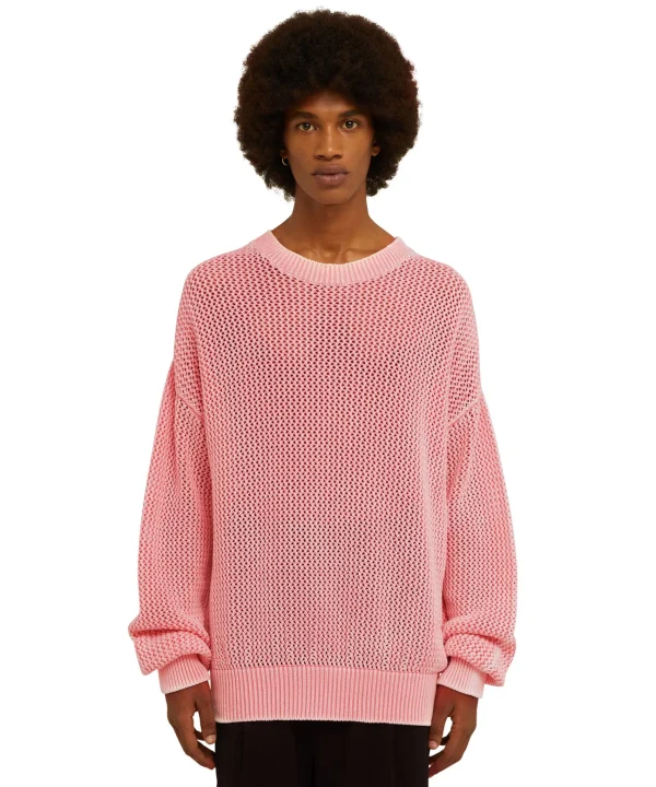 MSGM Maglione Girocollo In Maglia Di Cotone Overdyed Con Lavorazione A Rete Orange Fashion