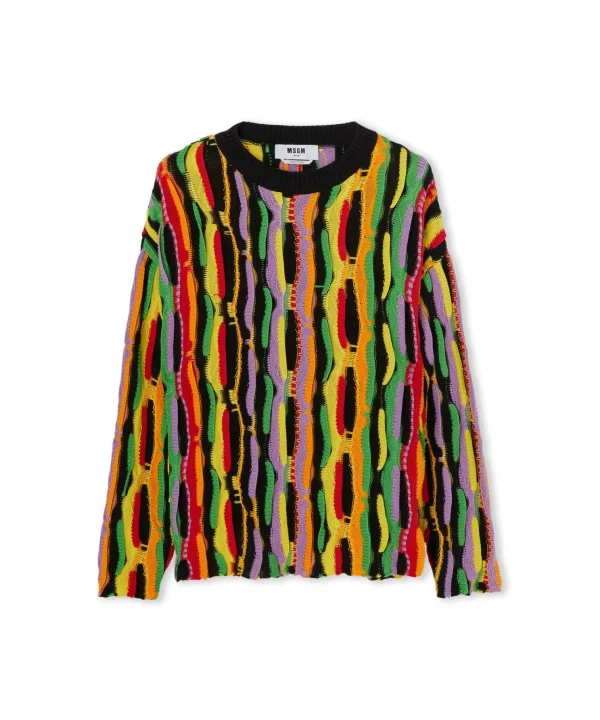 MSGM Maglione Girocollo In Maglia Di Cotone Con Rouches Multicolor Black Outlet