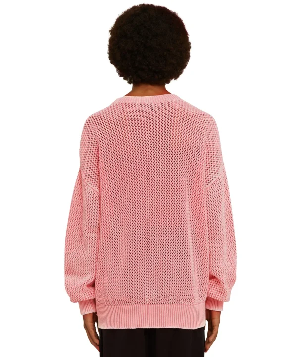 MSGM Maglione Girocollo In Maglia Di Cotone Overdyed Con Lavorazione A Rete Orange Fashion