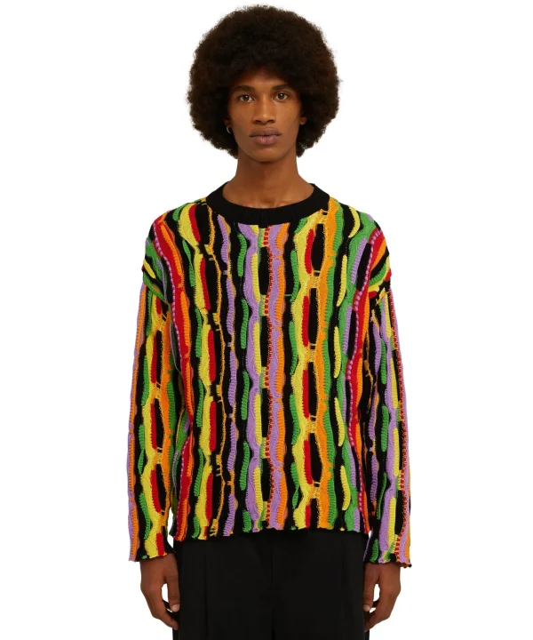 MSGM Maglione Girocollo In Maglia Di Cotone Con Rouches Multicolor Black Outlet