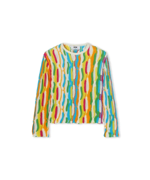 MSGM Maglione Girocollo In Maglia Di Cotone Con Rouches Multicolor Cream Hot