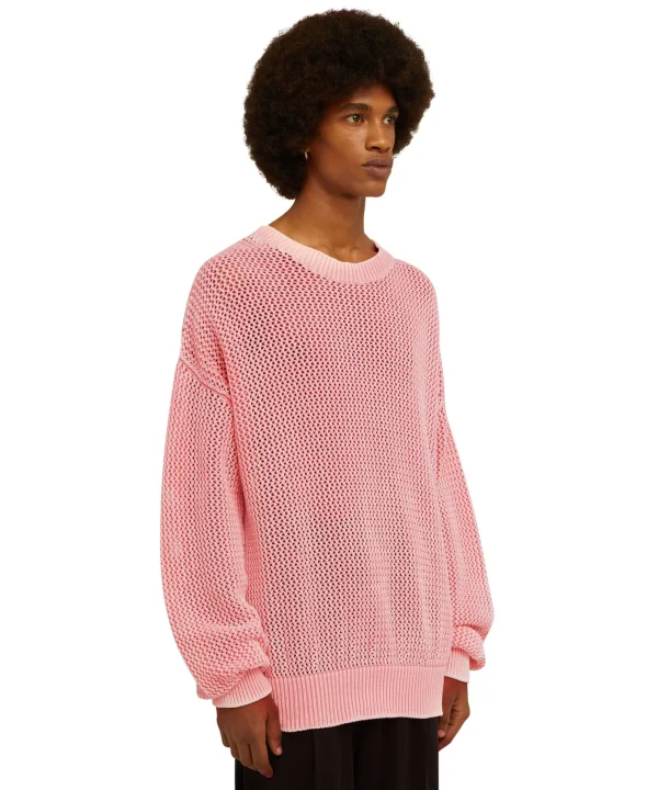 MSGM Maglione Girocollo In Maglia Di Cotone Overdyed Con Lavorazione A Rete Orange Shop