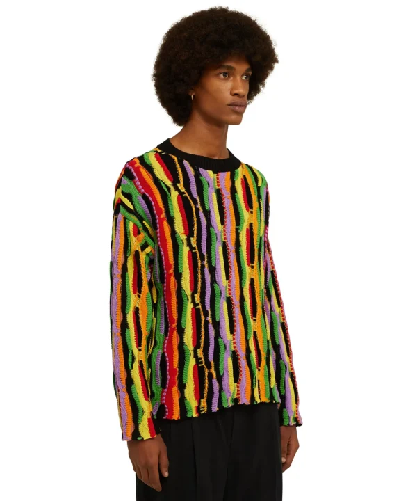 MSGM Maglione Girocollo In Maglia Di Cotone Con Rouches Multicolor Black Outlet