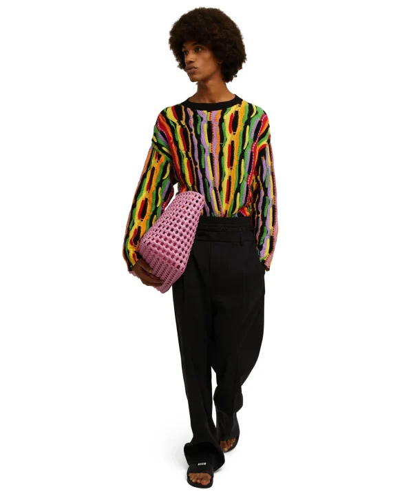 MSGM Maglione Girocollo In Maglia Di Cotone Con Rouches Multicolor Black Outlet