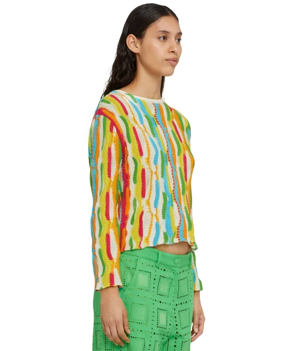 MSGM Maglione Girocollo In Maglia Di Cotone Con Rouches Multicolor Cream Hot