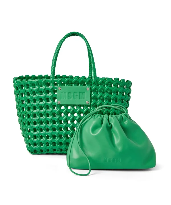 MSGM Mini Basket Net Bag Con Mini Pouch Corredata In Ecopelle Green Hot