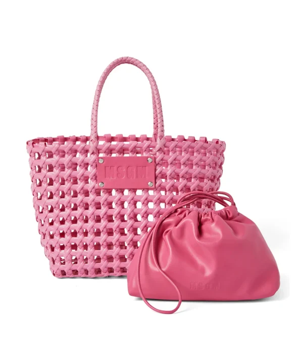 MSGM Mini Basket Net Bag Con Mini Pouch Corredata In Ecopelle Pink Fluo Discount