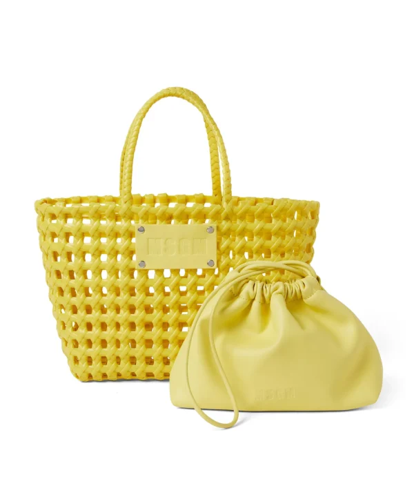 MSGM Mini Basket Net Bag Con Mini Pouch Corredata In Ecopelle Yellow Discount