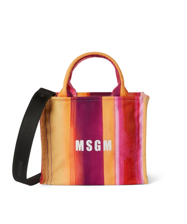 MSGM Mini Tote Bag In Cotone "Brushed Stripes" Con Logo Pink Fluo Fashion